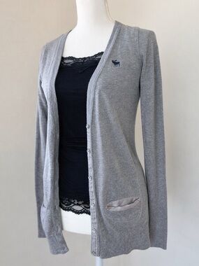 Abercrombie & Fitch Light Gray Long Knit Cardigan Rhinestone Buttons Medium Y2K